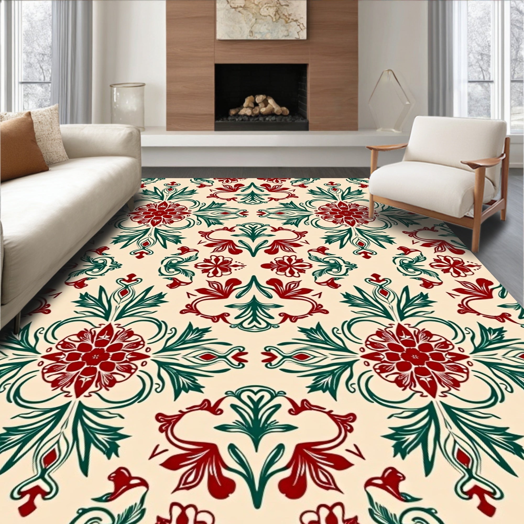 Crimson Green Floral Medallion Damask Rug