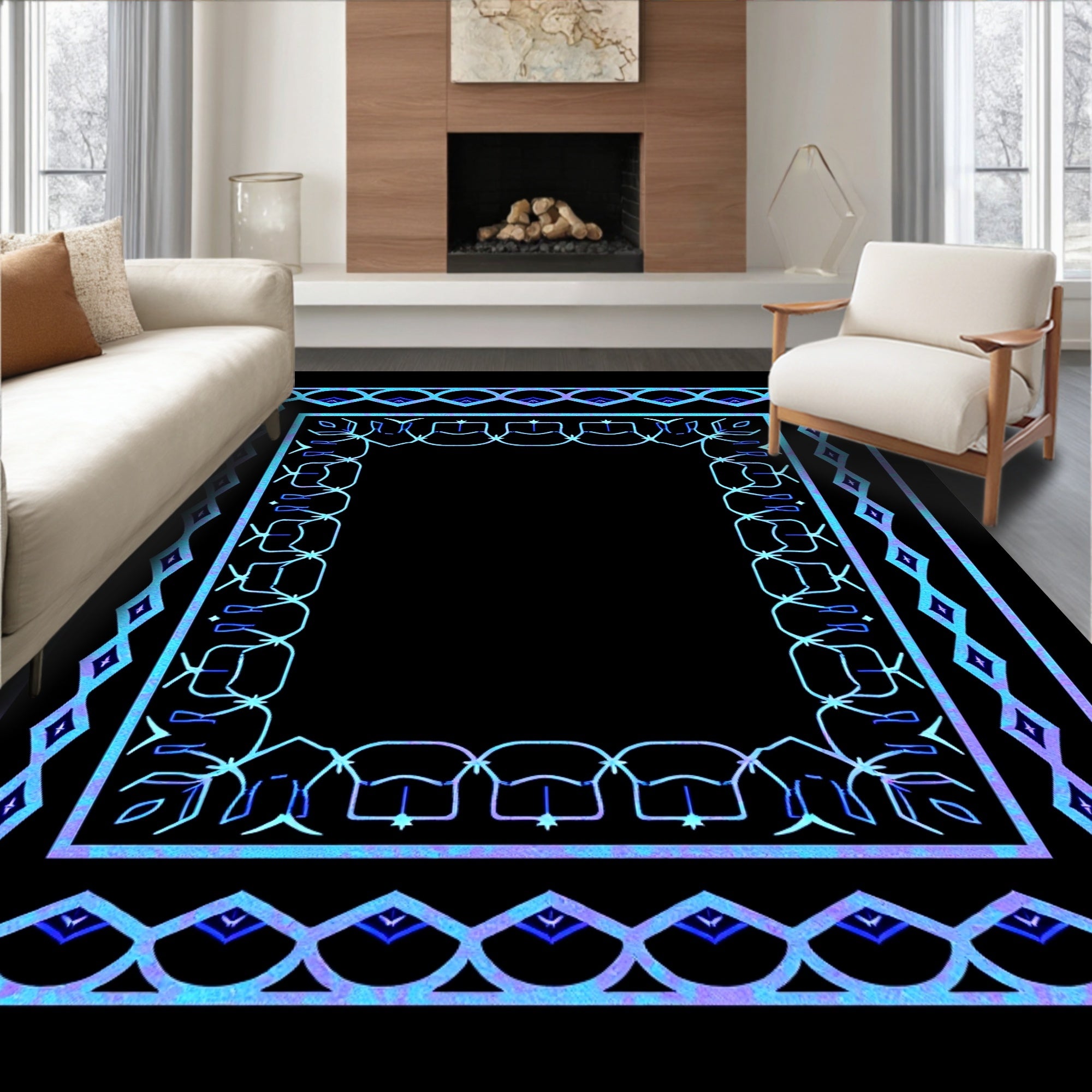Cool Blue Geometric Frame Rug