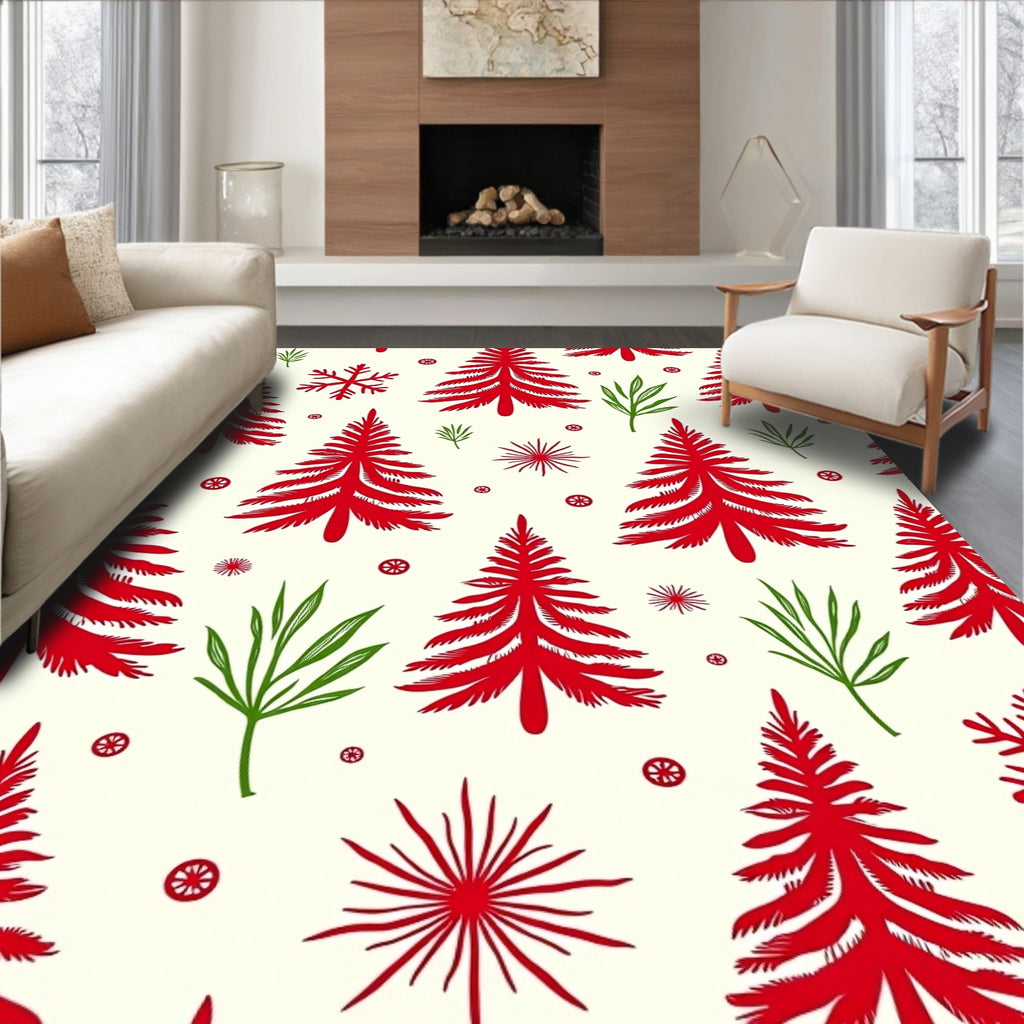 Classic Red Fir Trees Snowflakes Rug