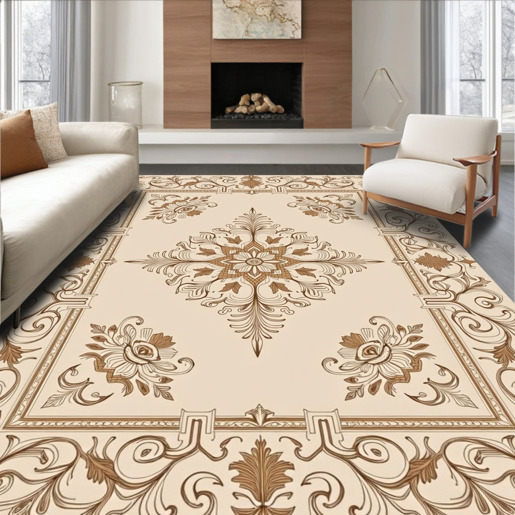 Antique Beige Floral Scroll Medallion Rug
