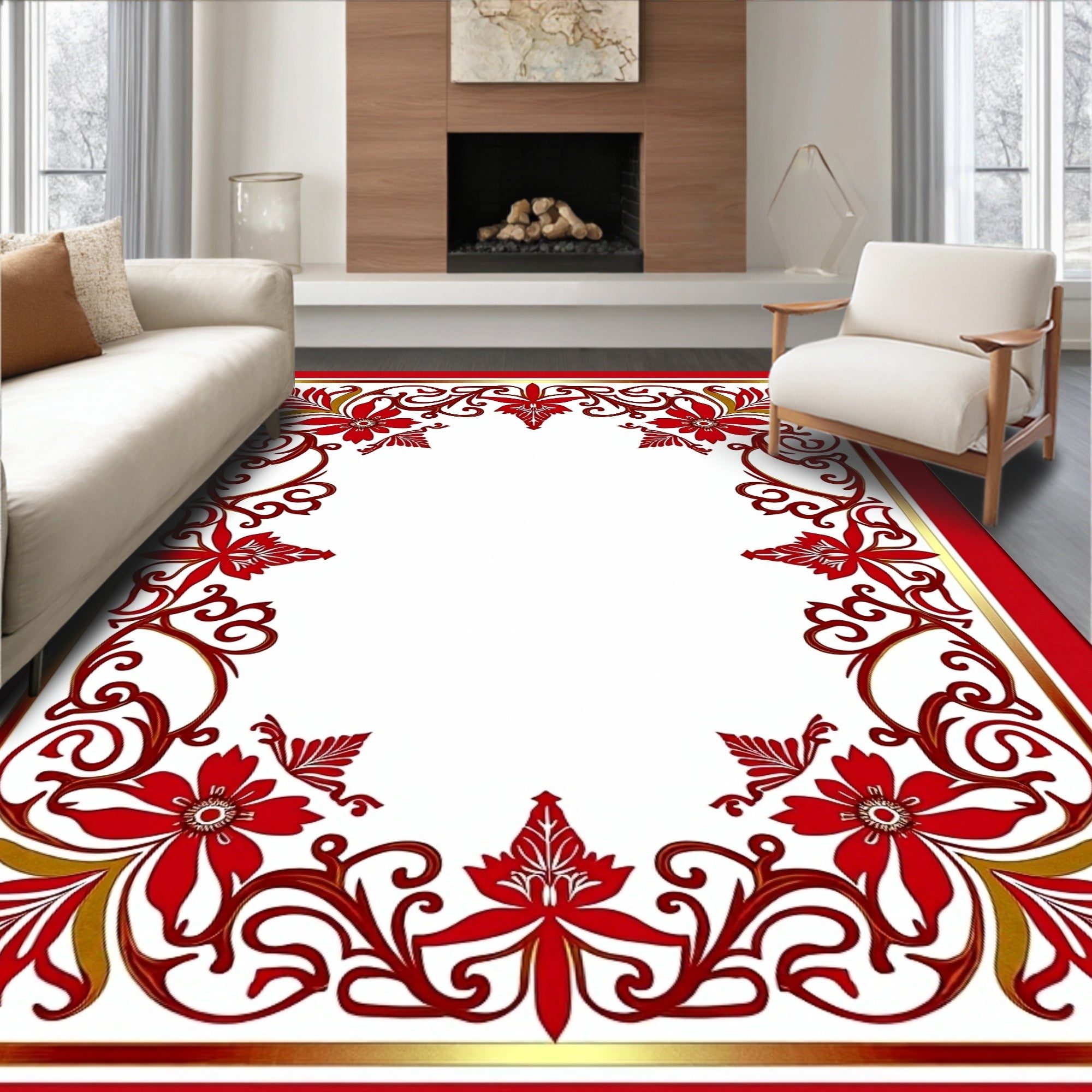 Elegant Red Floral Scrollwork Border Rug