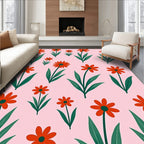 Coral Daisy Garden with Green Leaves Rug