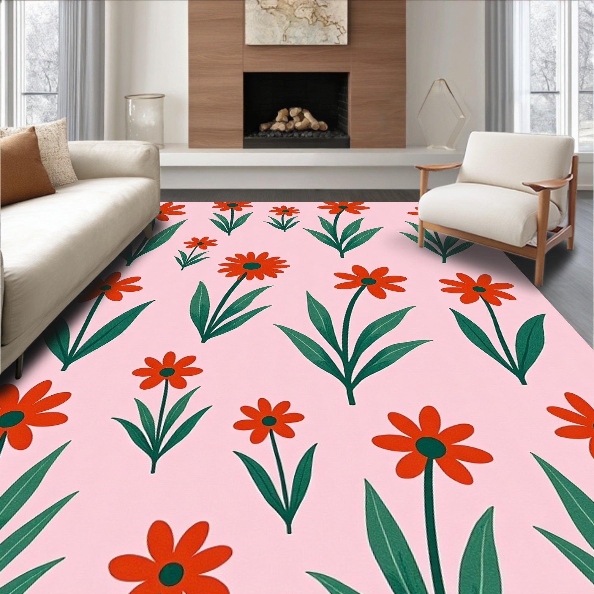 Coral Daisy Garden with Green Leaves Rug