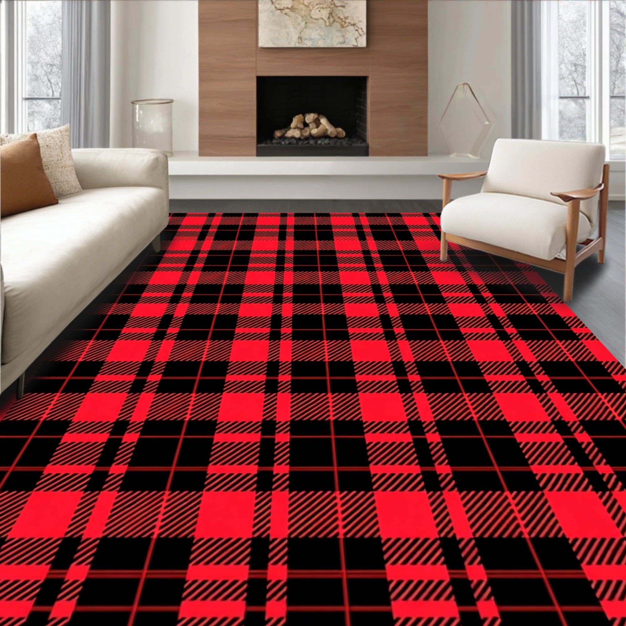 Classic Red Black Plaid Check Rug
