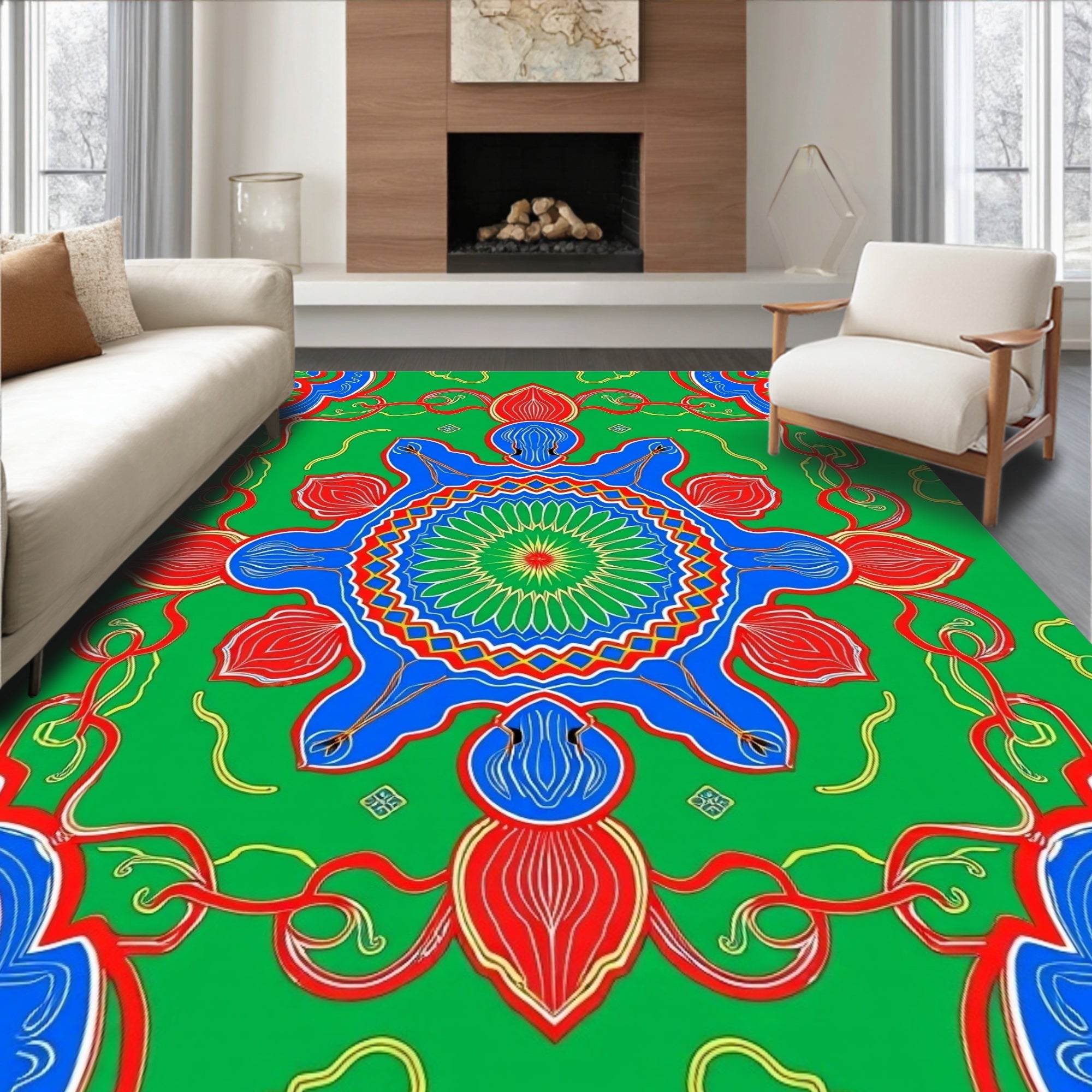 Vibrant Green Blue Red Mandala Intricate Rug
