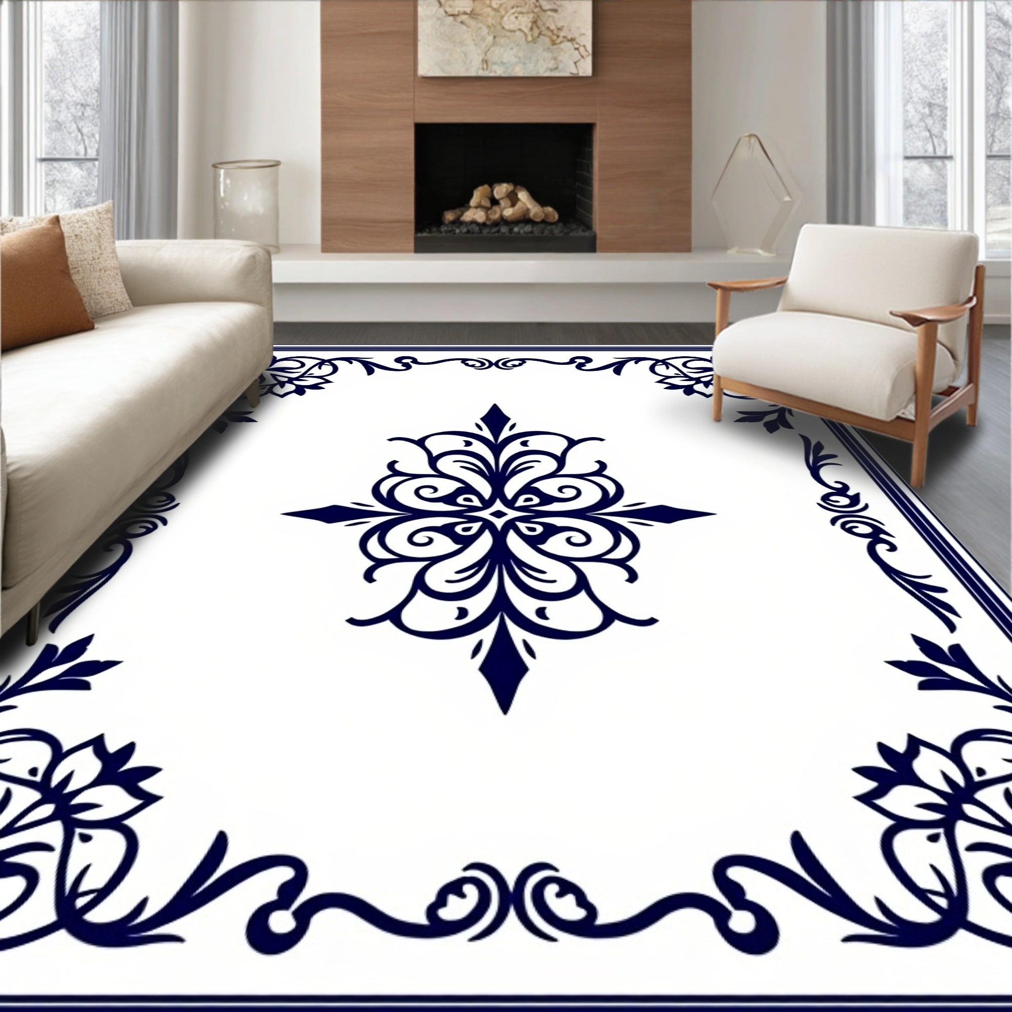 Classic Navy Floral Medallion Frame Rug