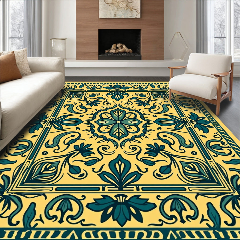 Golden Teal Floral Medallion Rug
