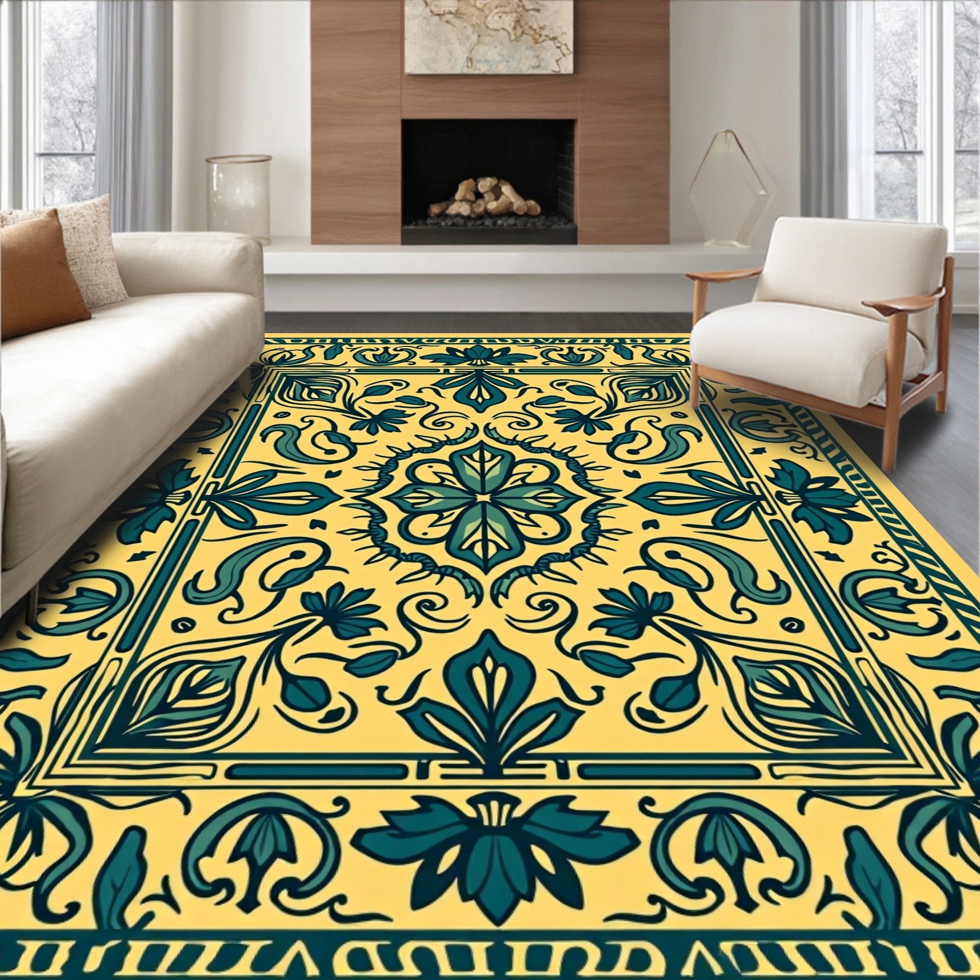 Golden Teal Floral Medallion Rug