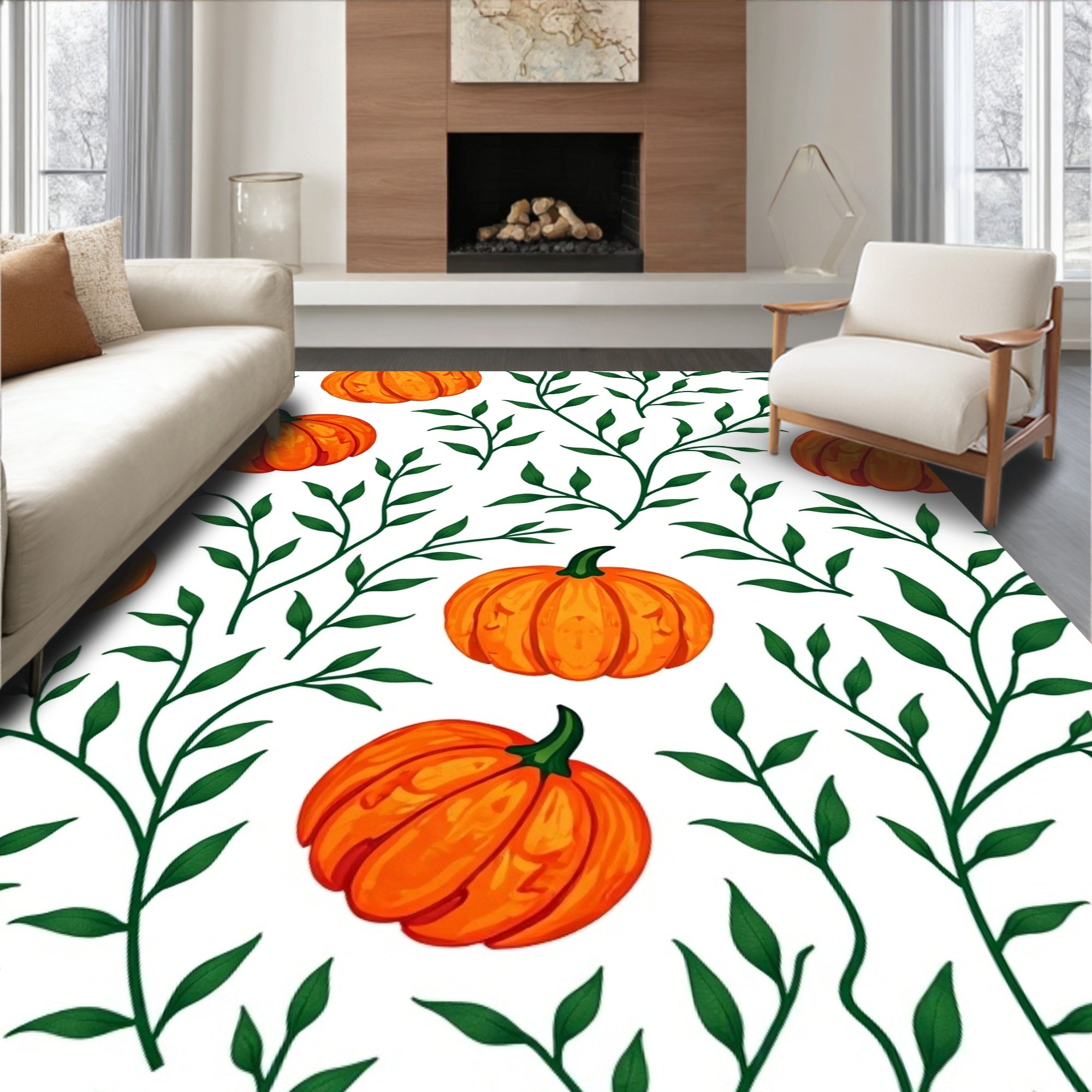Orange Pumpkin Vine Pattern Rug