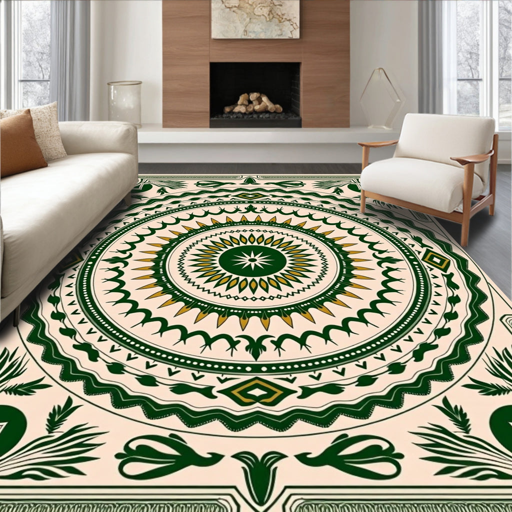 Forest Green Golden Sunburst Mandala Rug