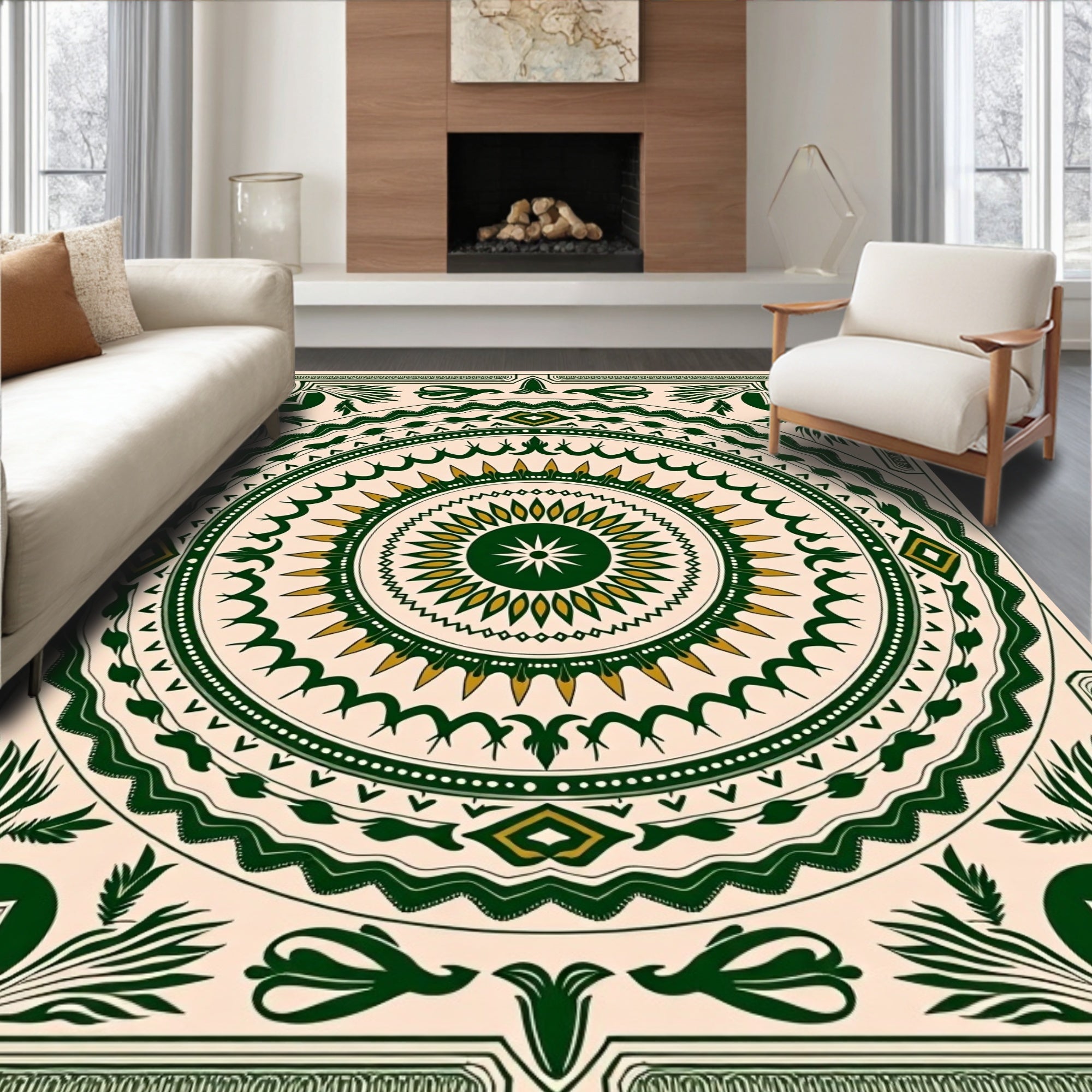 Forest Green Golden Sunburst Mandala Rug