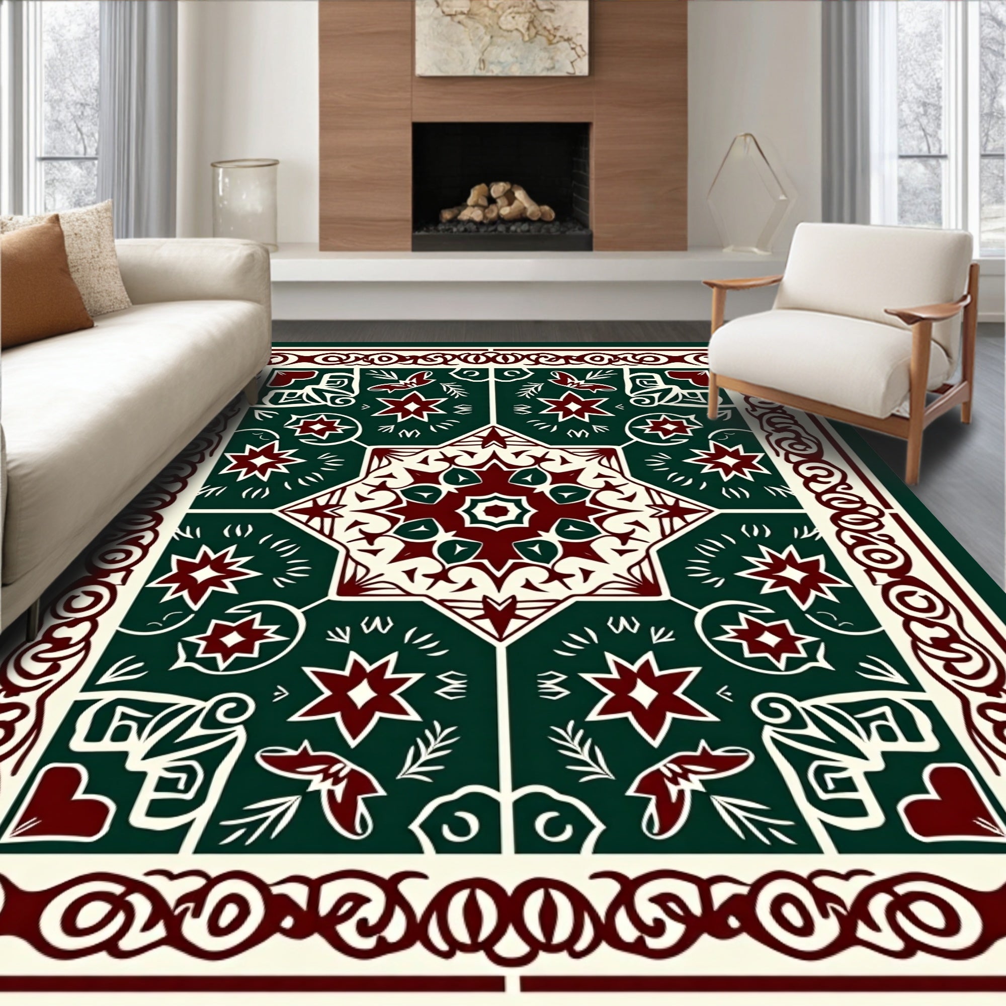 Deep Green Crimson Floral Medallion Rug