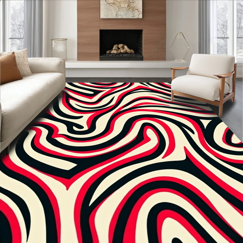 Red Black Cream Swirl Abstract Rug