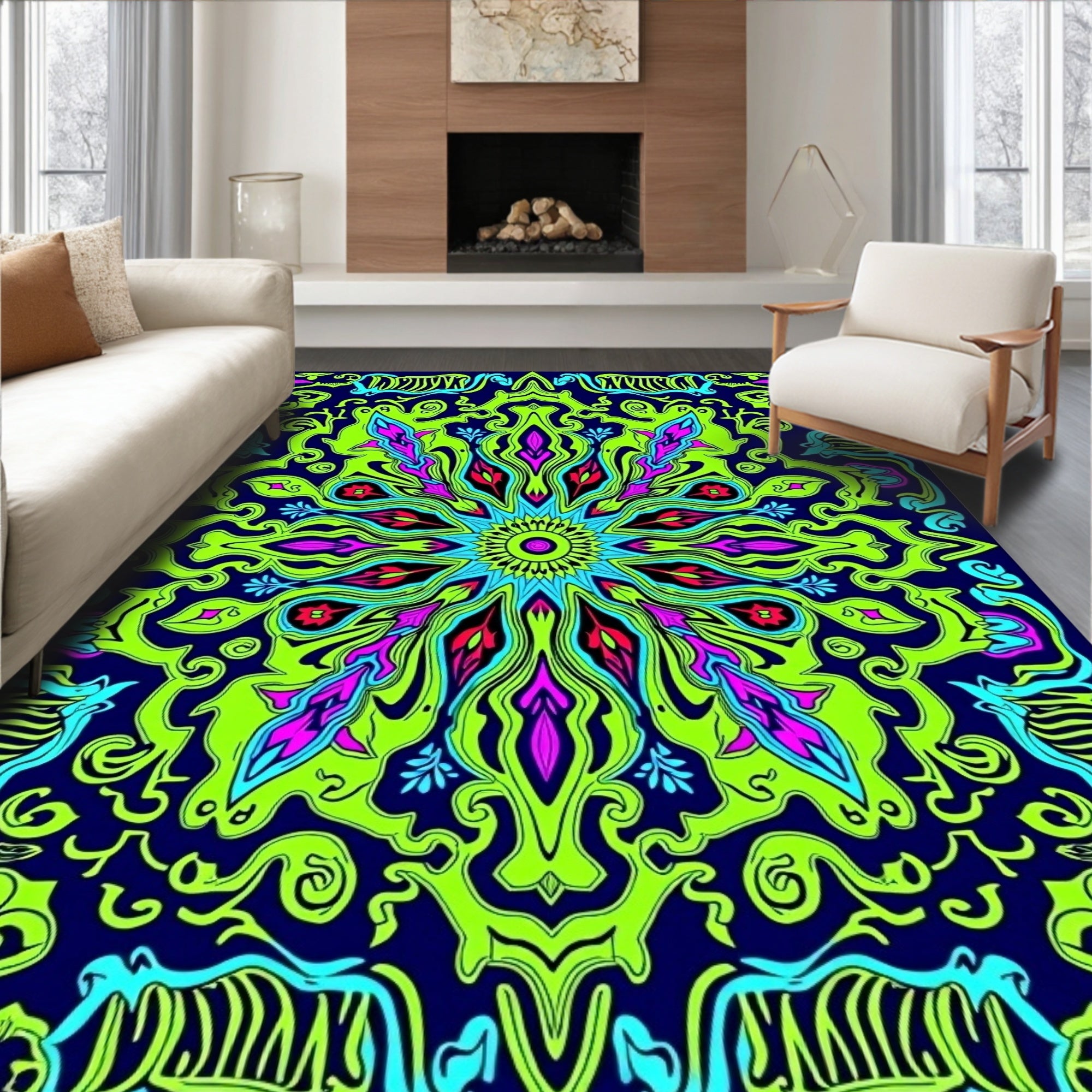 Neon Green Abstract Floral Sunburst Rug