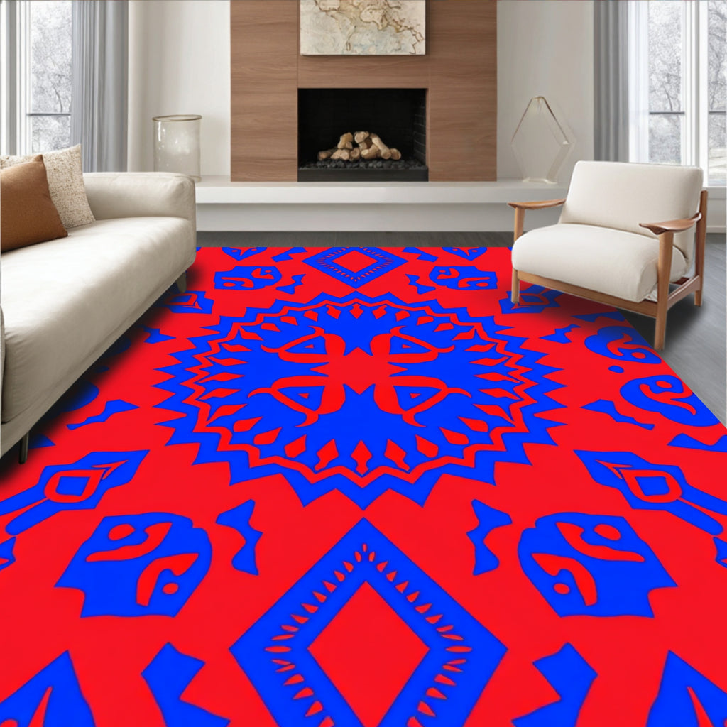 Vibrant Red Blue Tribal Medallion Rug