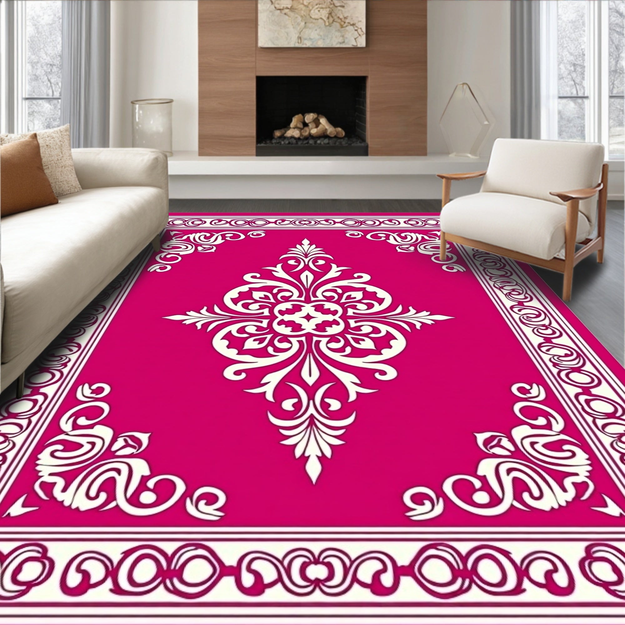 Vibrant Fuchsia Floral Scrollwork Rug