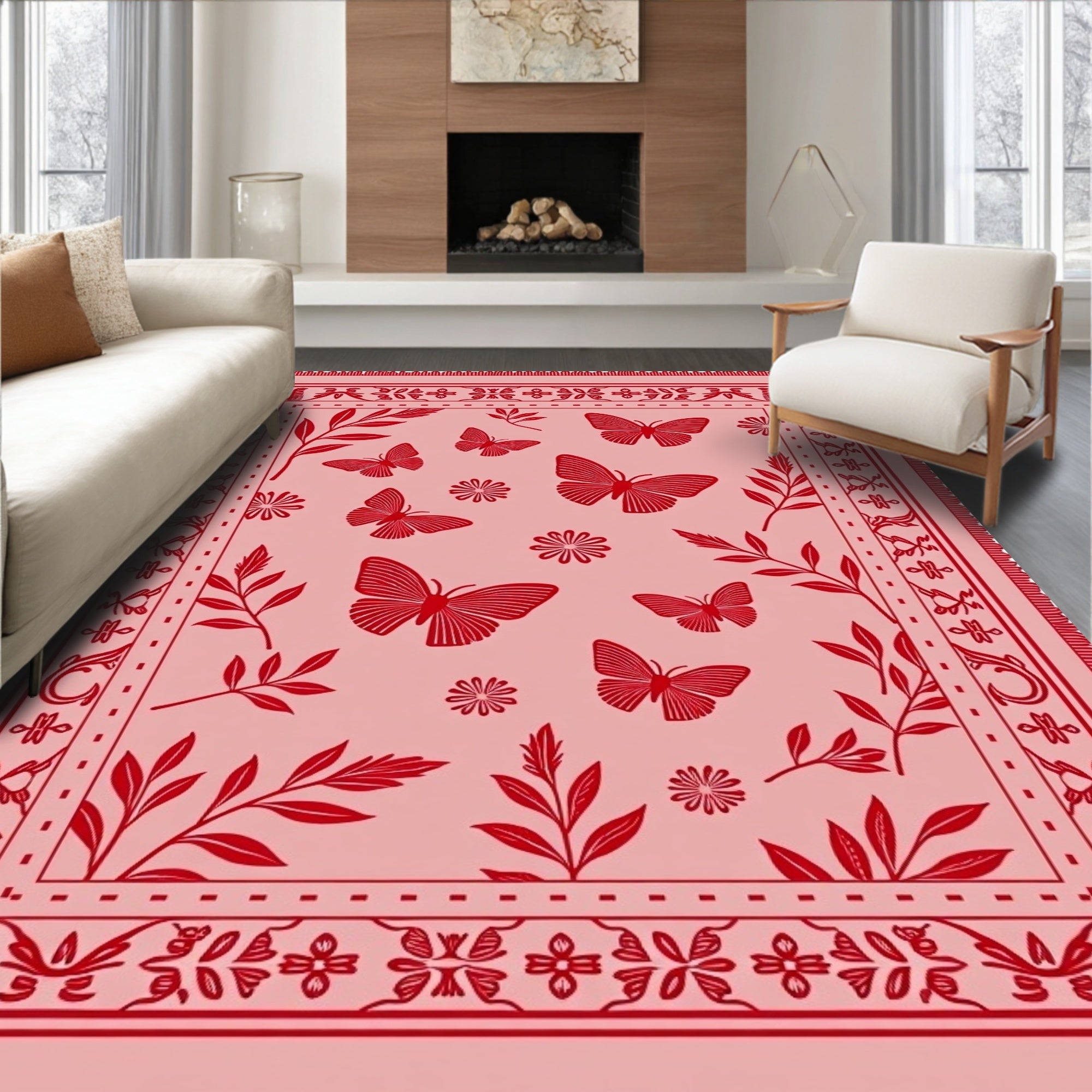 Whimsical Red Butterfly Garden Rug