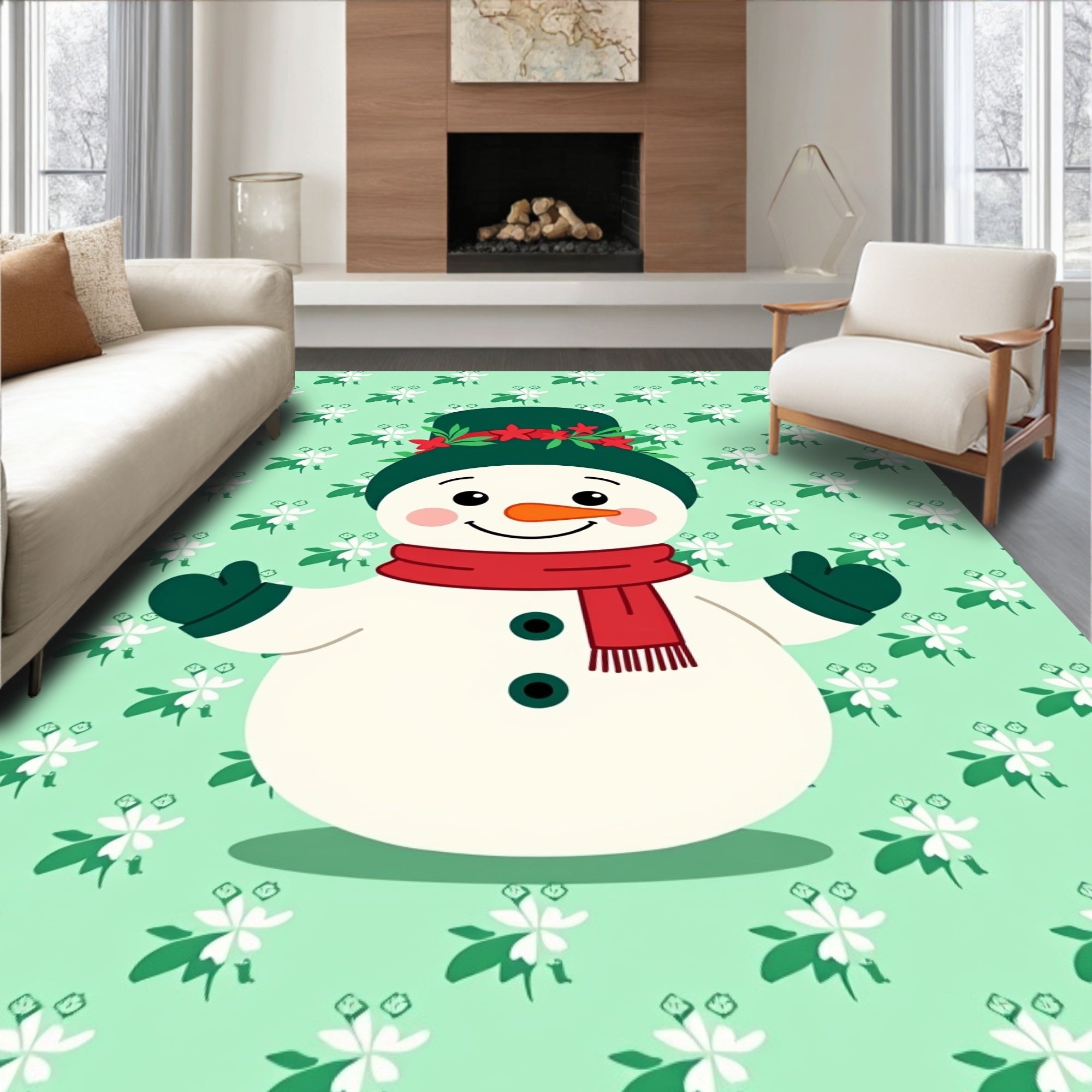 Festive Snowman Red Green Floral Background Rug