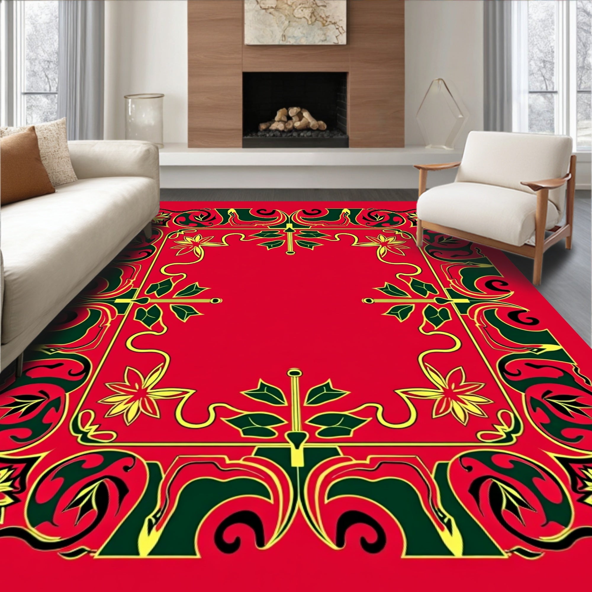Crimson Floral Green Swirl Border Rug