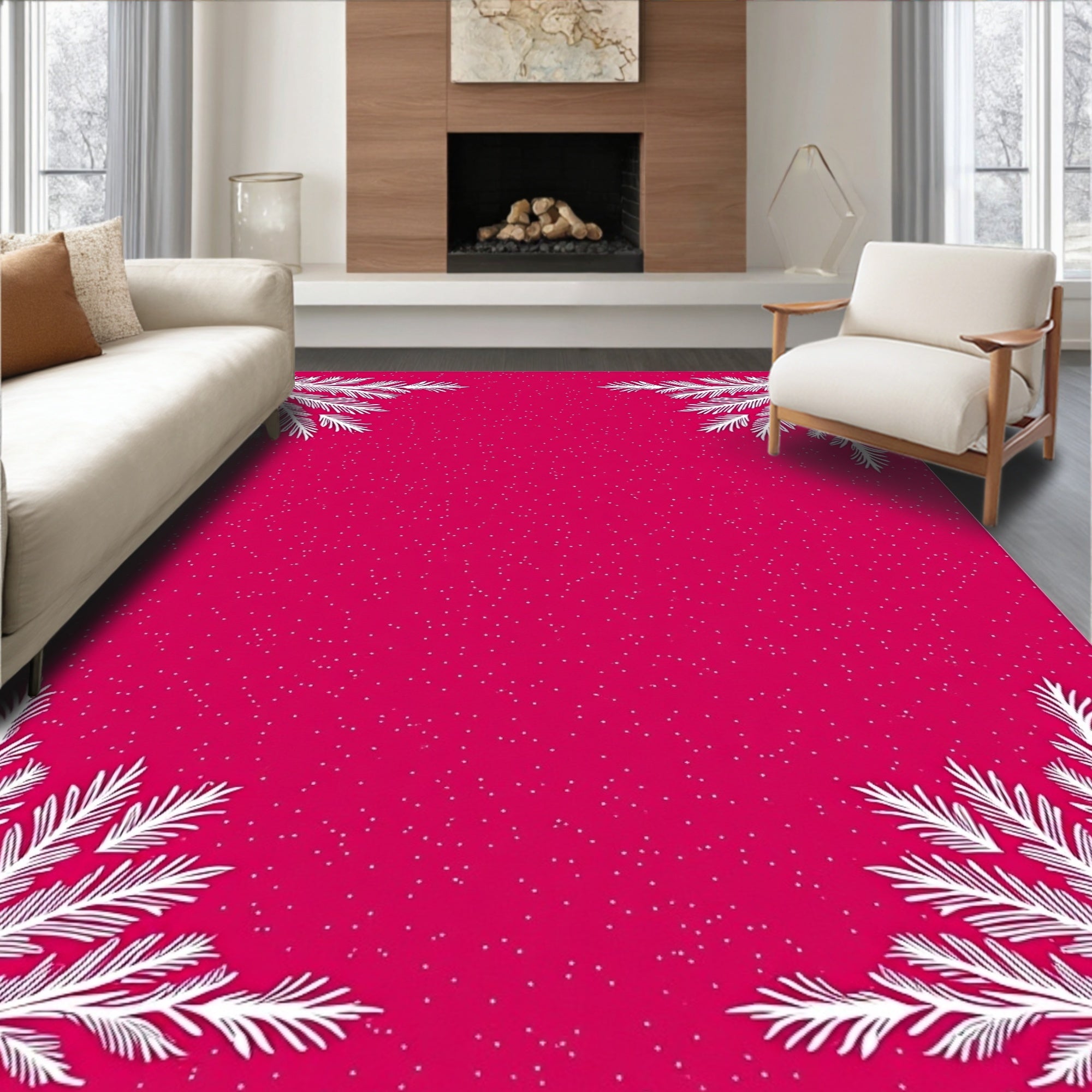 Fuchsia Sprig Border White Snow Flecks Rug