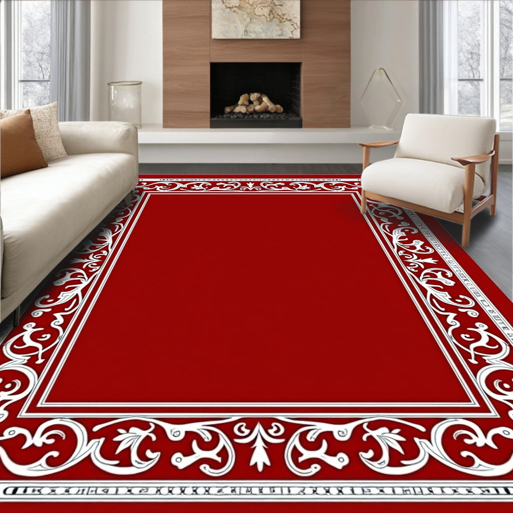 Rich Crimson White Floral Scroll Border Rug