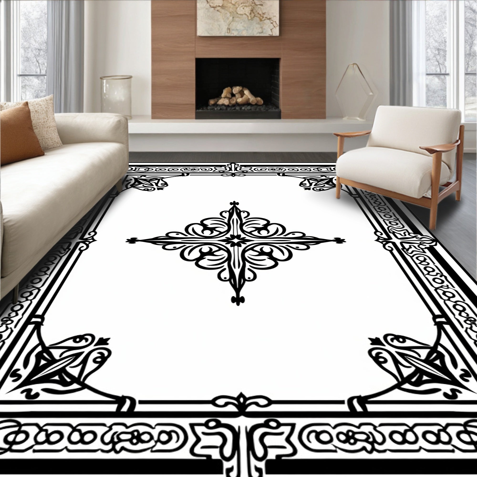 Black Ornate Filigree Border Medallion Rug