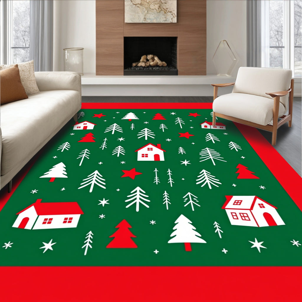 Holiday Houses Trees Stars Green Red Rug