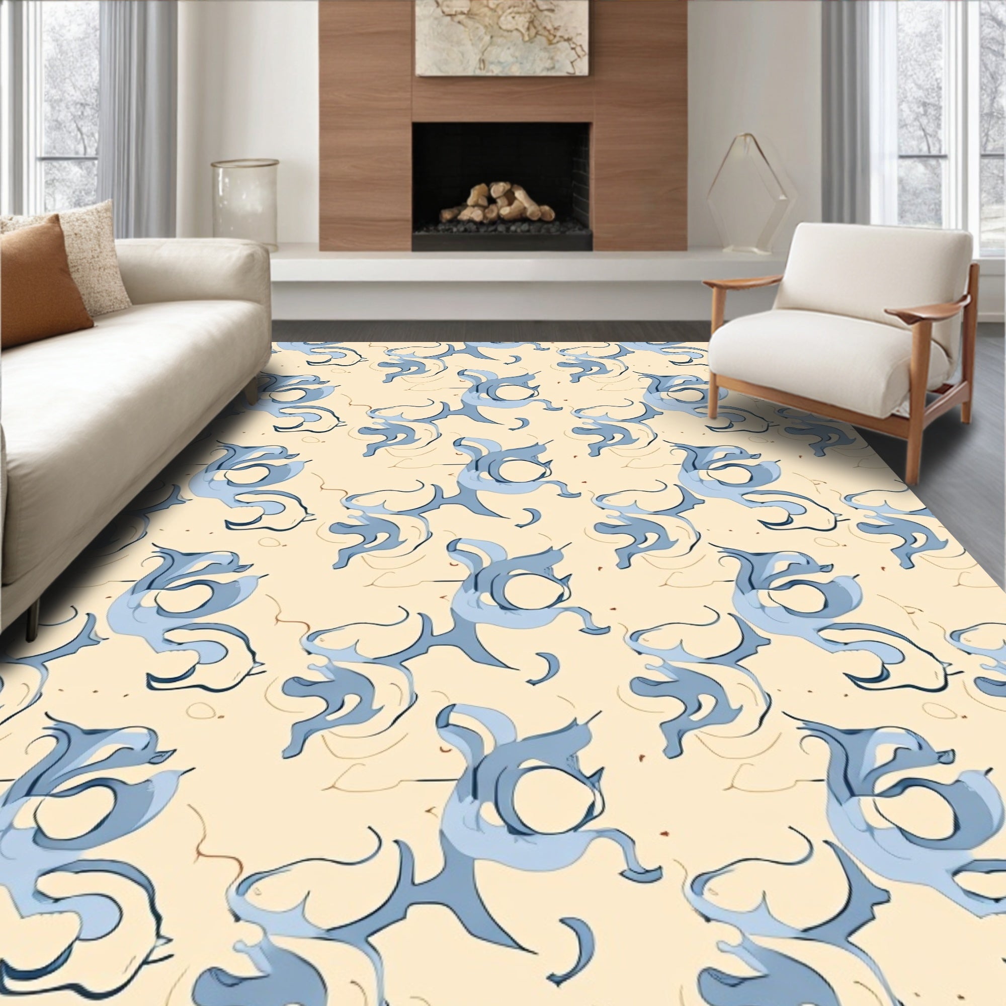 Whimsical Blue Swirls Cream Background Rug