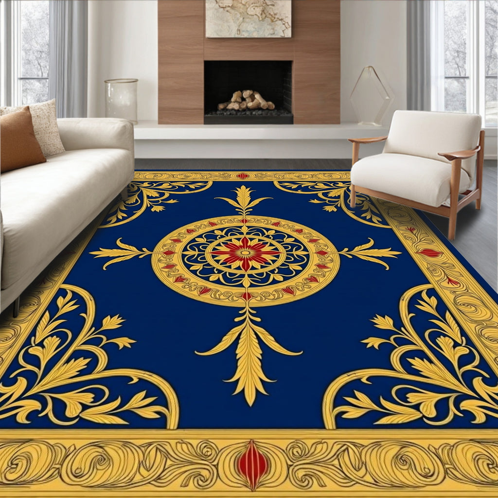 Grand Blue Golden Floral Medallion Rug