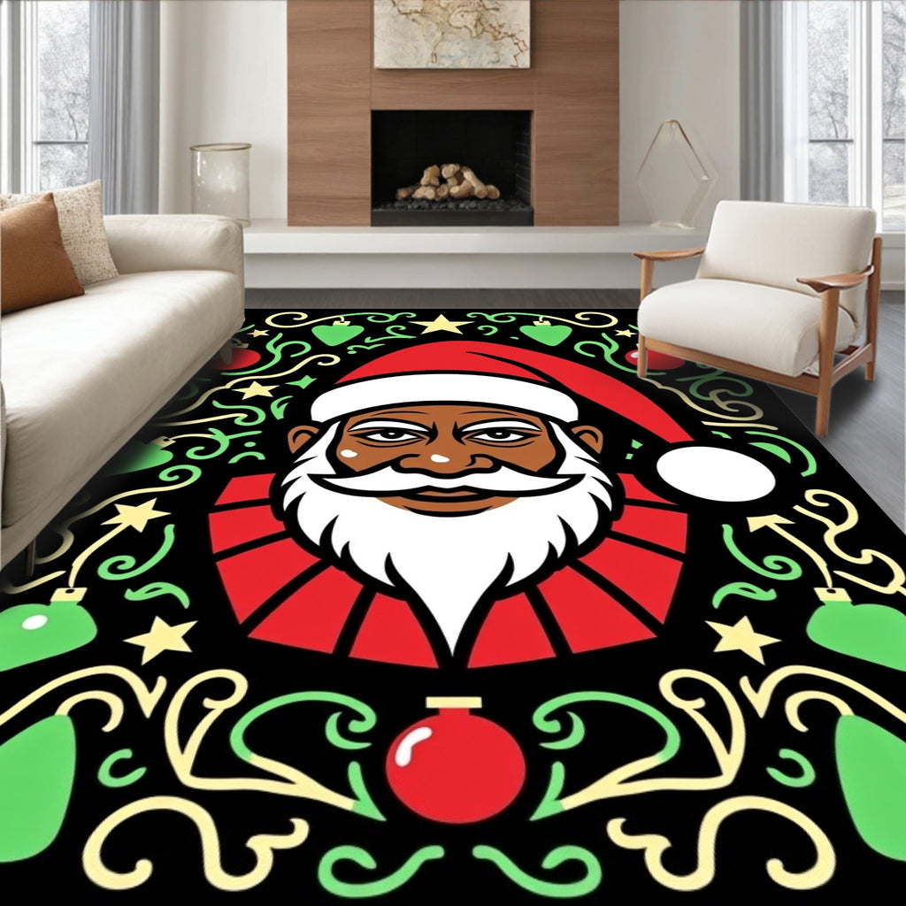 Festive Black Santa Holiday Ornament Rug
