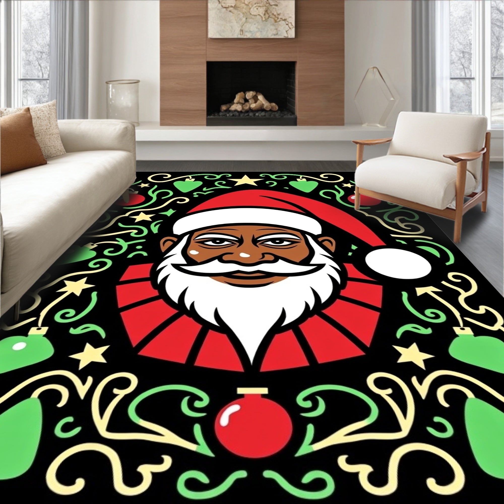 Festive Black Santa Holiday Ornament Rug