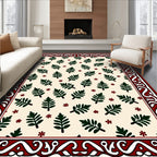 Cream Green Leaf Floral Border Rug