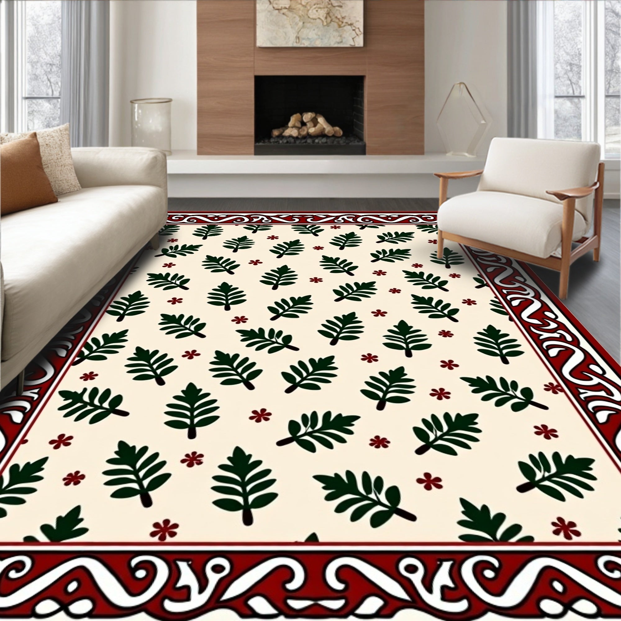 Cream Green Leaf Floral Border Rug
