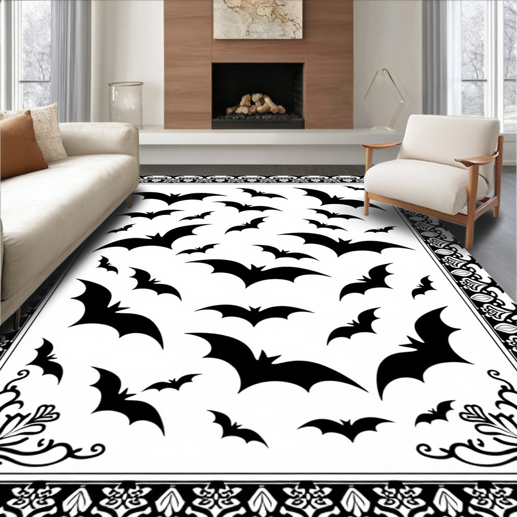 Black Flying Bats Halloween Border Rug