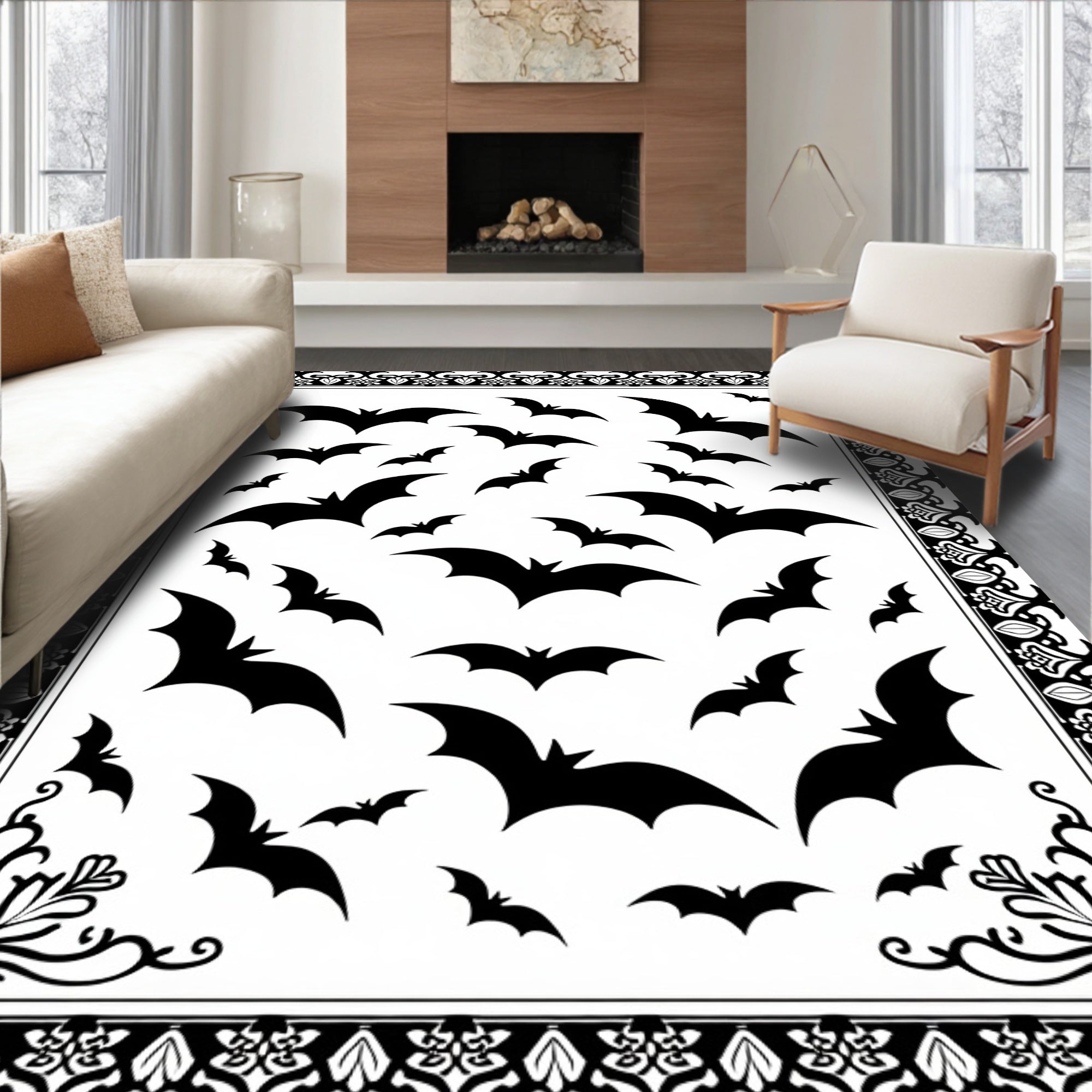 Black Flying Bats Halloween Border Rug