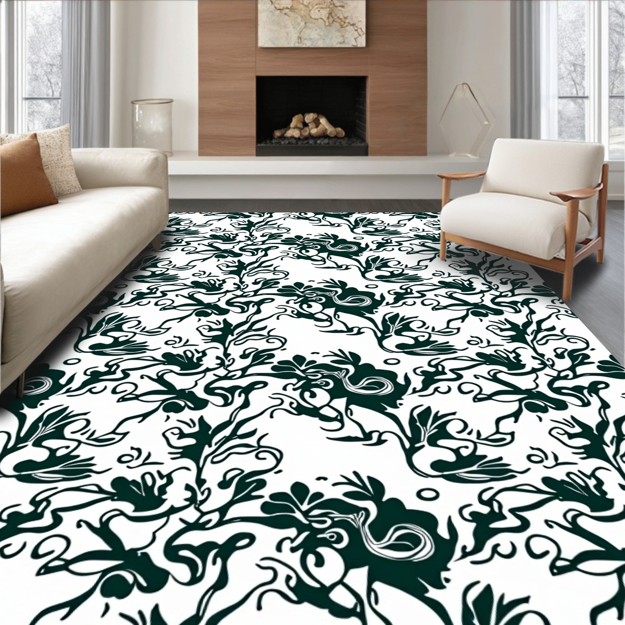 Dark Green Vine Leaf Abstract Flourish Rug
