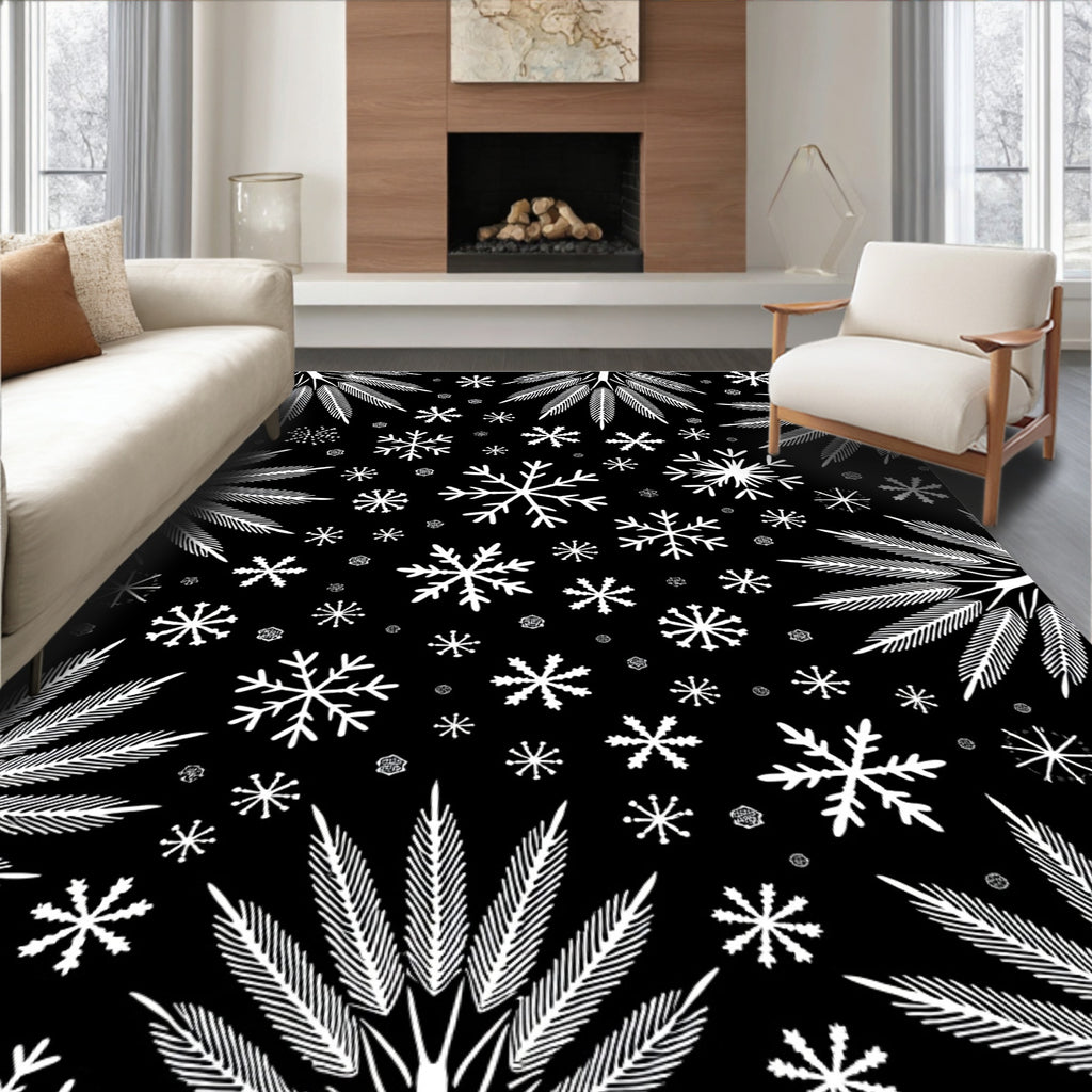 White Snowflakes and Ferns on Black Rug