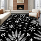 White Snowflakes and Ferns on Black Rug
