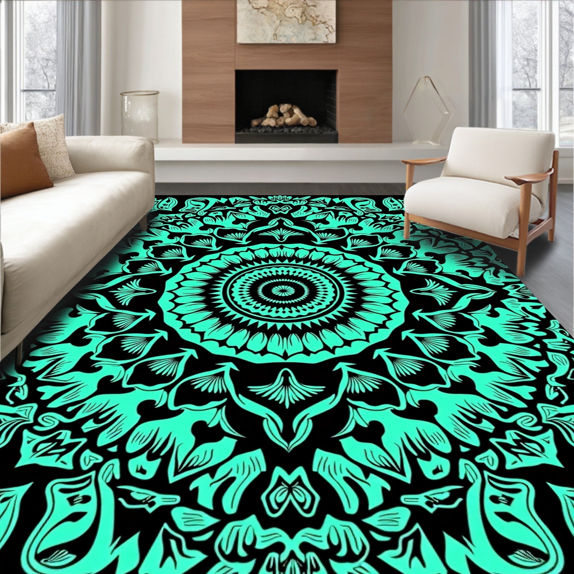 Bold Teal Mandala Floral Graphic Rug