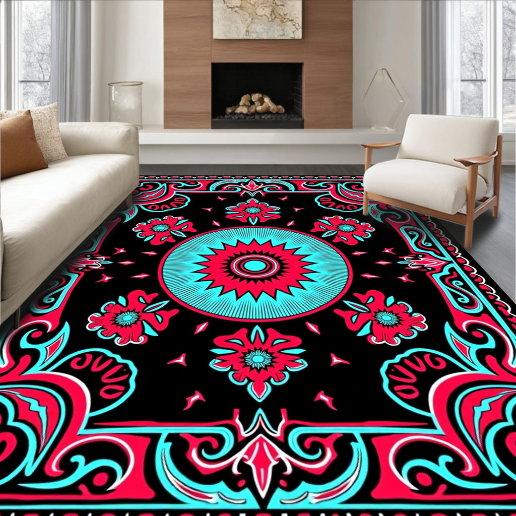 Bold Crimson Teal Floral Frame Rug