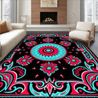Bold Crimson Teal Floral Frame Rug