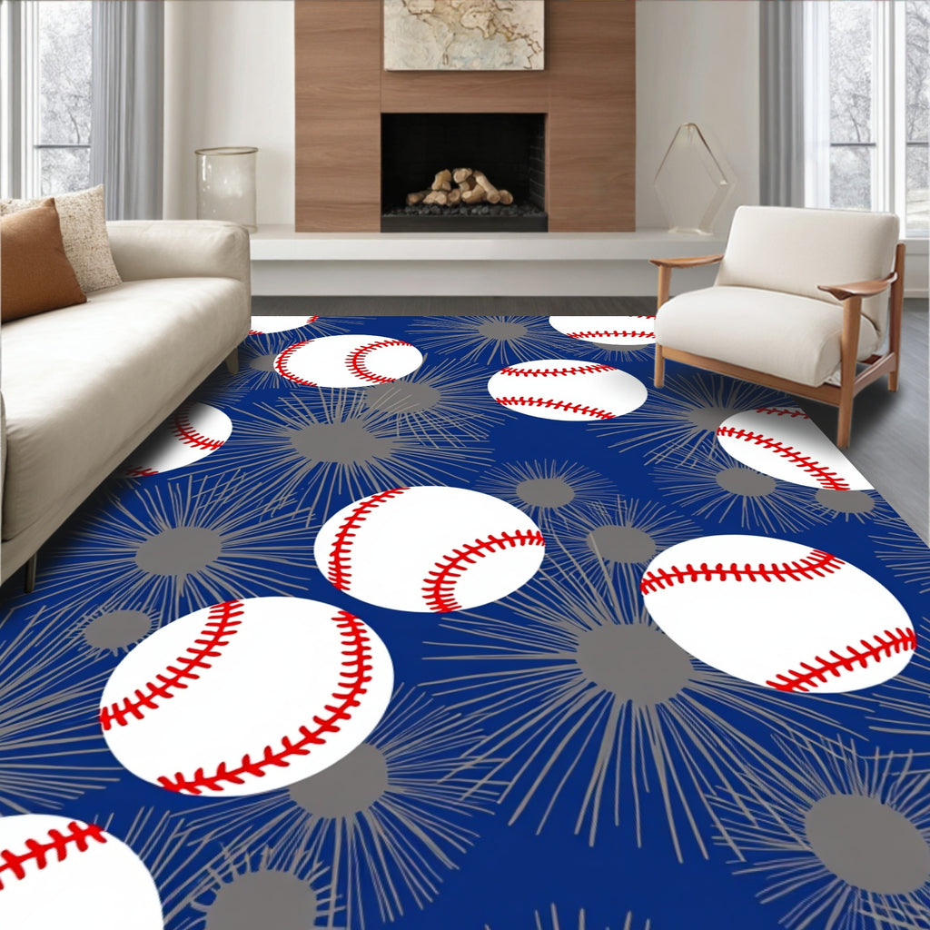 Sporty Baseball Starburst Blue Rug