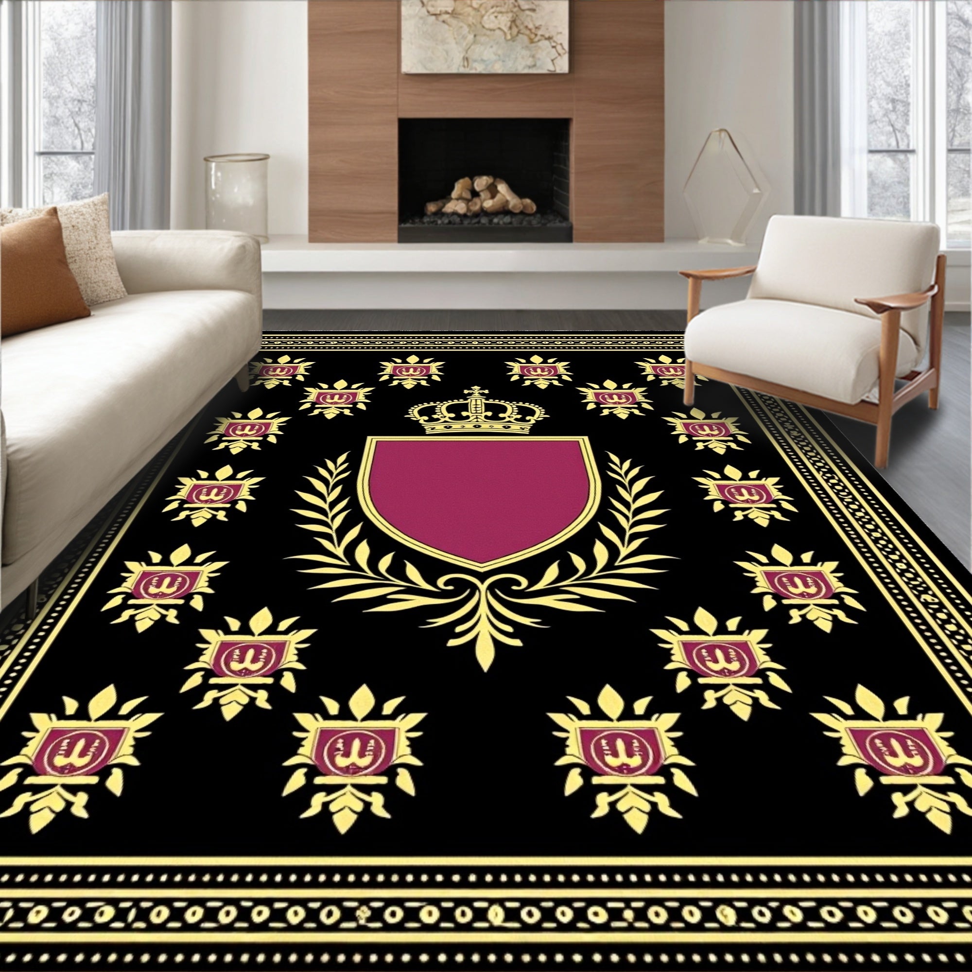 Regal Black Gold Emblem Shield Rug