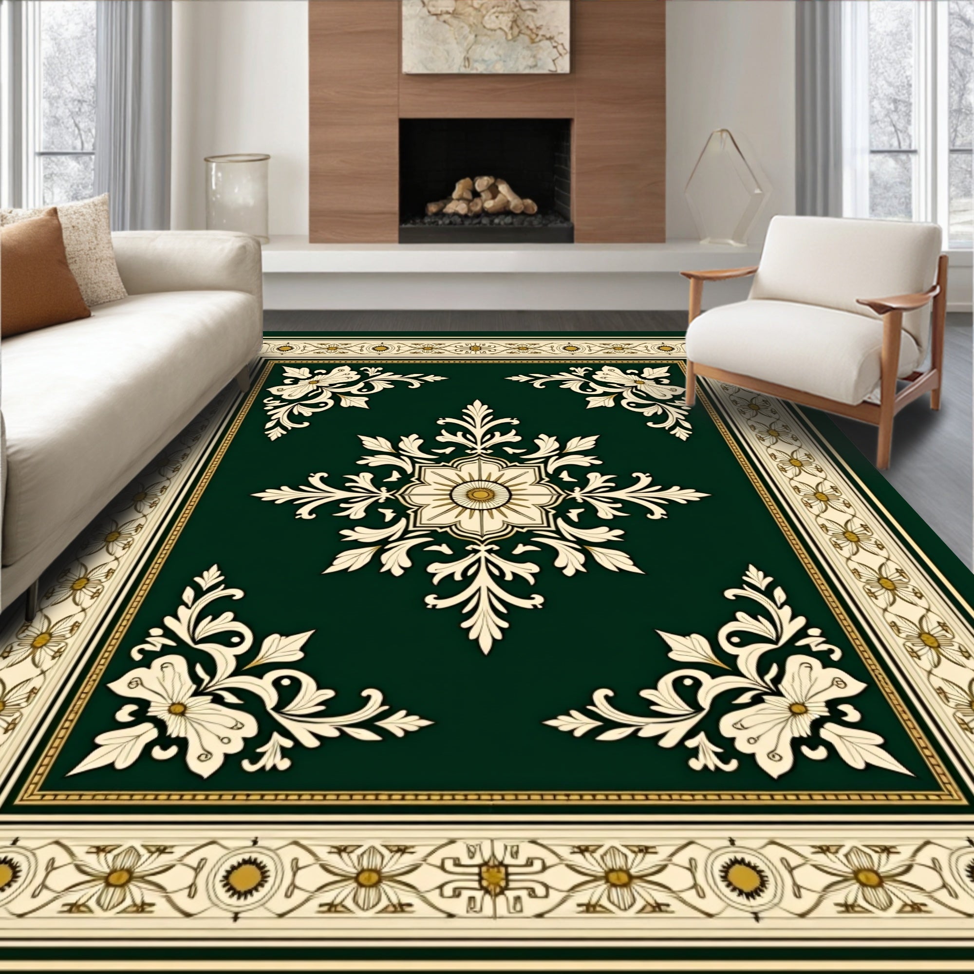 Antique Green Floral Border Rug