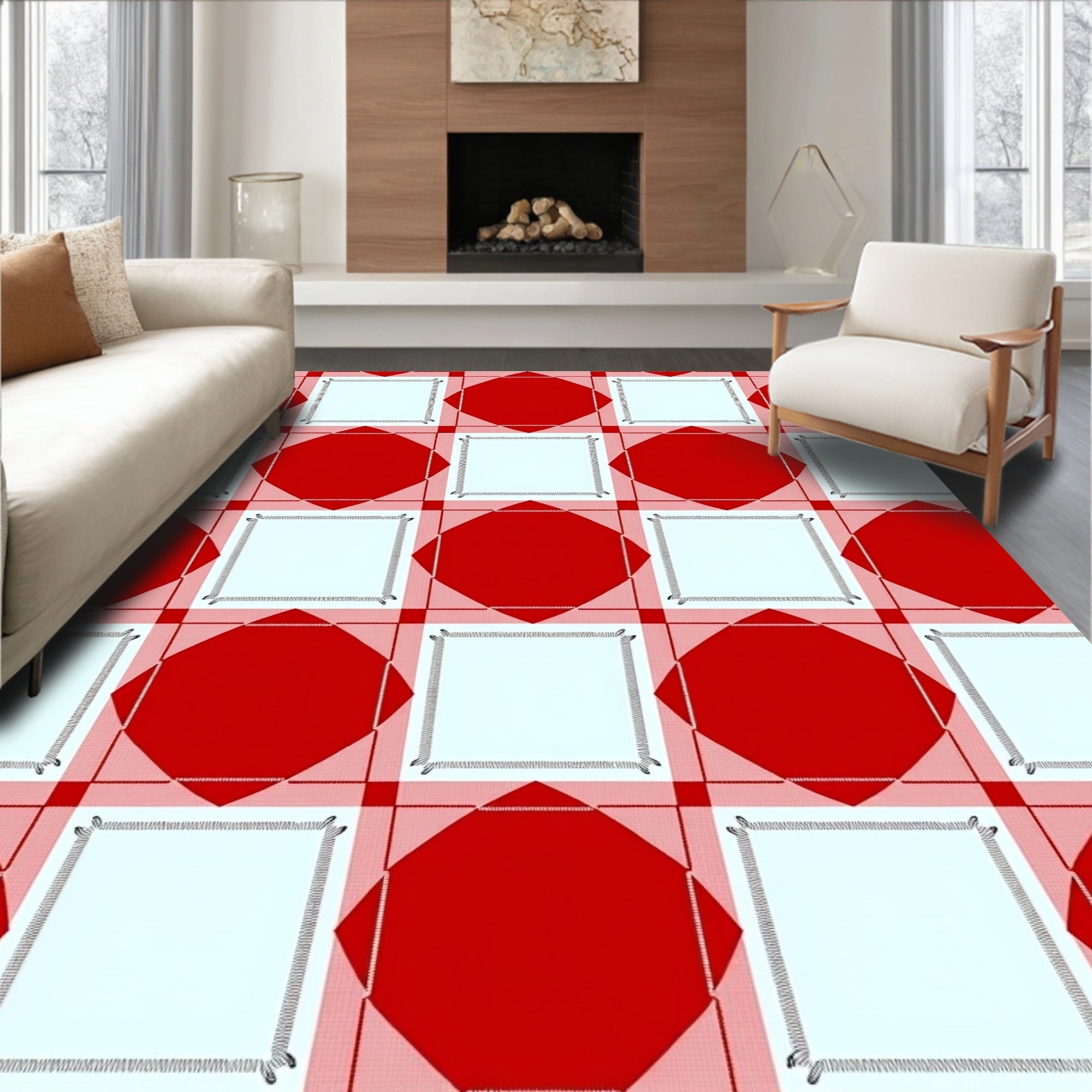 Red White Diamond Square Grid Rug