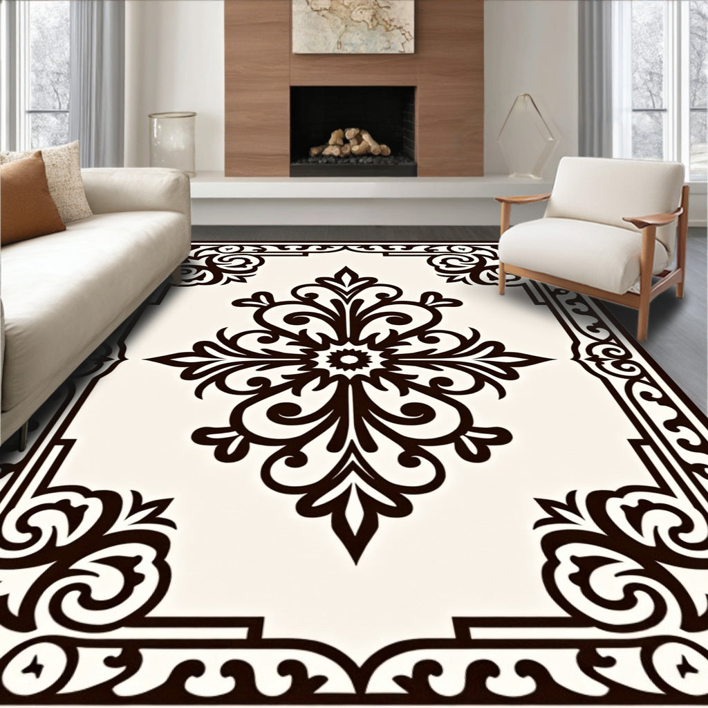 Dark Brown Ivory Ornate Floral Medallion Rug