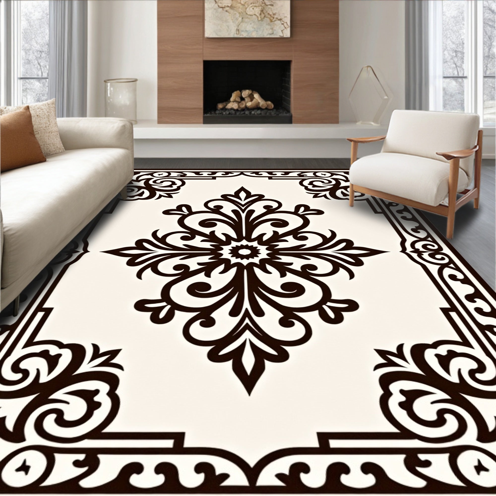 Dark Brown Ivory Ornate Floral Medallion Rug