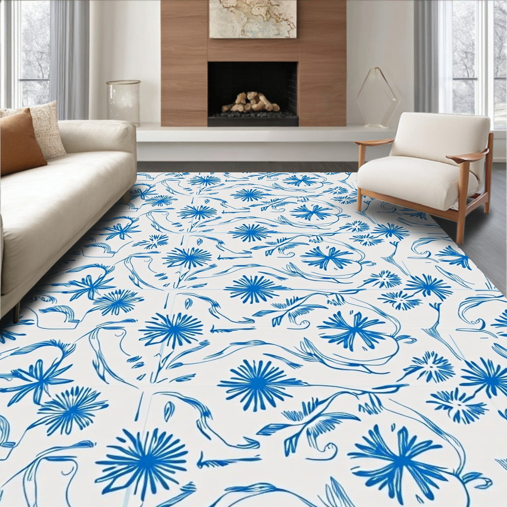 Classic Blue Floral Botanical Swirl Rug