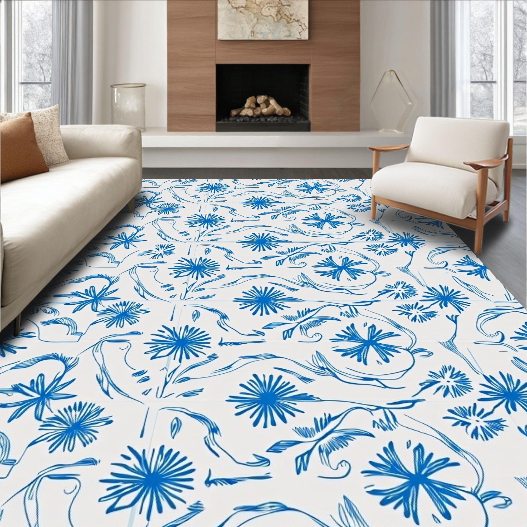 Classic Blue Floral Botanical Swirl Rug