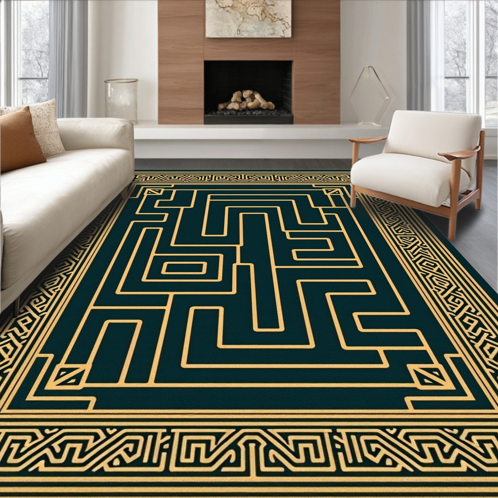 Art Deco Gold Maze Teal Rug
